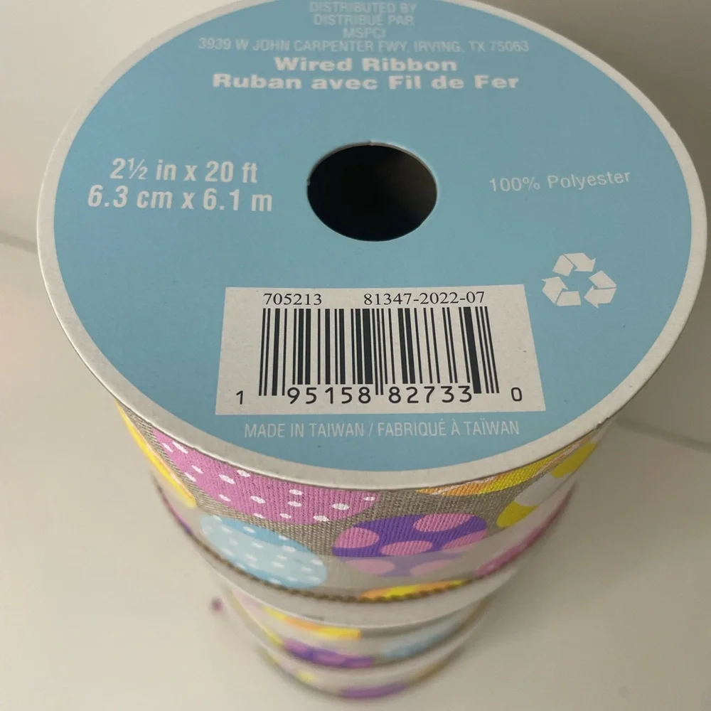 Burlap Ribbon with Colorful Easter Egg Design, Easter wired ribbon, 2.5”x20ft